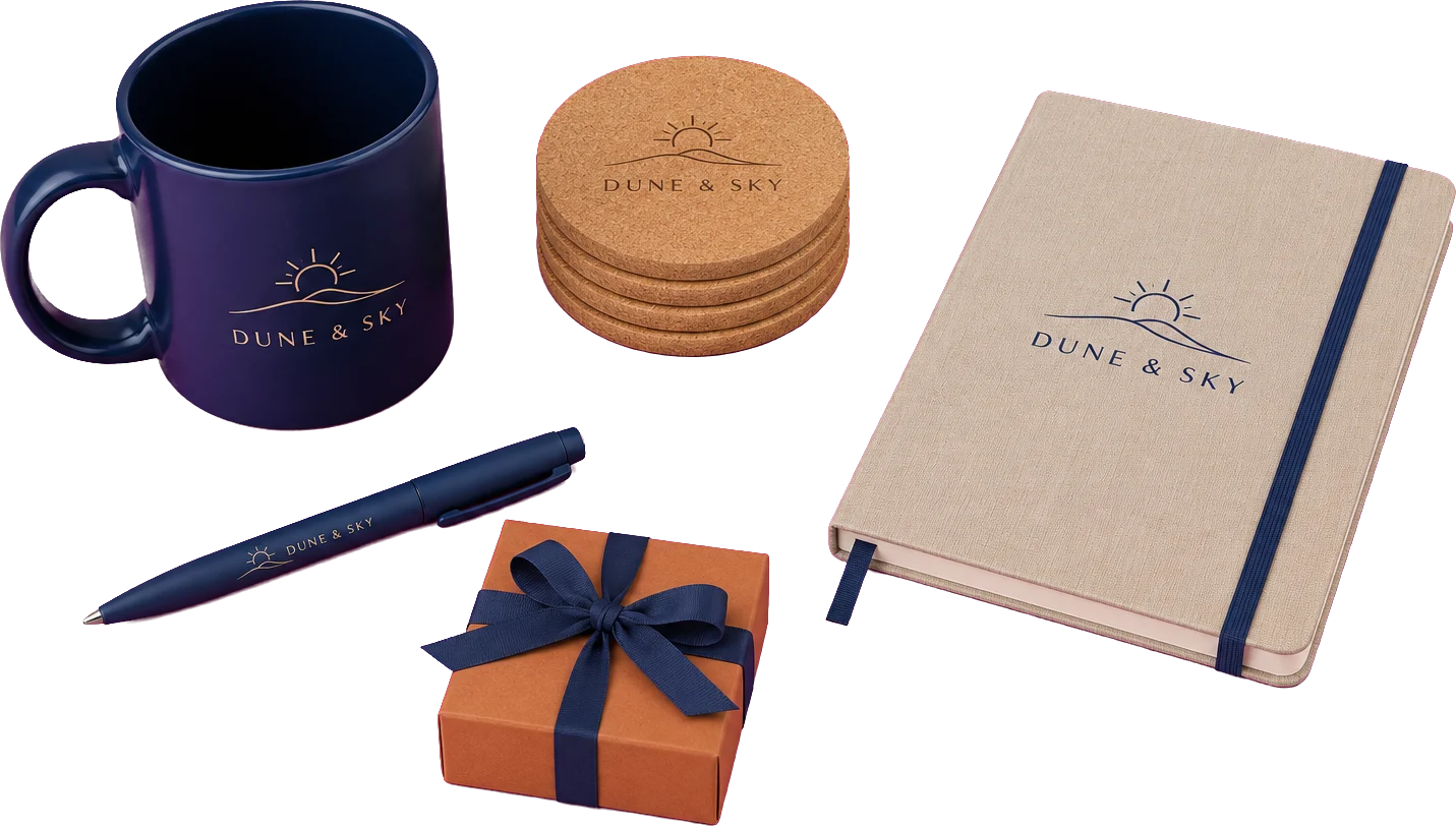 Dune & Sky guesthouse corporate merchandise — branded mug, cork coasters, linen notebook, pen and gift box